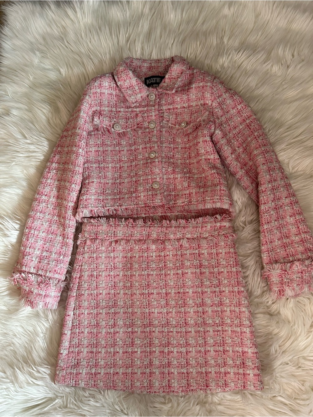 Katie J JYC Pink Tweed Crop Jacket Two-Piece Skirt Set For Girls